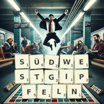 Kreative Illustration für ein Scrabble-Spiel, bei dem das Wort SÜDWESTGIPFELN mit Steinen auf dem Brett gelegt wurde.