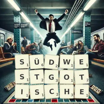 Kreative Illustration für ein Scrabble-Spiel, bei dem das Wort SÜDWESTGOTISCHE mit Steinen auf dem Brett gelegt wurde.