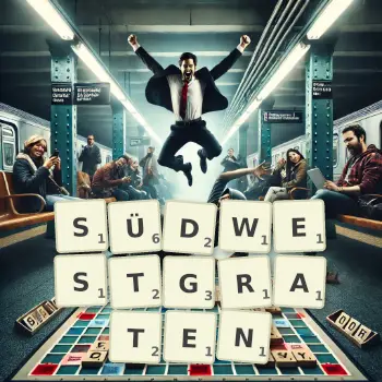 Kreative Illustration für ein Scrabble-Spiel, bei dem das Wort SÜDWESTGRATEN mit Steinen auf dem Brett gelegt wurde.