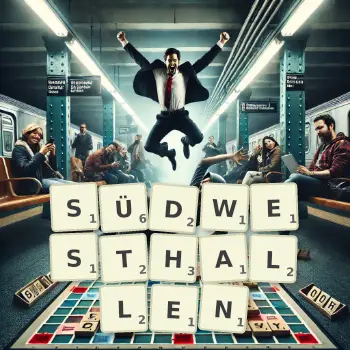 Kreative Illustration für ein Scrabble-Spiel, bei dem das Wort SÜDWESTHALLEN mit Steinen auf dem Brett gelegt wurde.