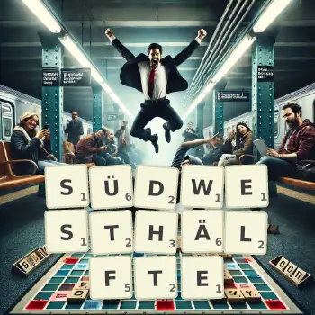Kreative Illustration für ein Scrabble-Spiel, bei dem das Wort SÜDWESTHÄLFTE mit Steinen auf dem Brett gelegt wurde.