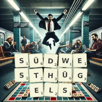 Kreative Illustration für ein Scrabble-Spiel, bei dem das Wort SÜDWESTHÜGELS mit Steinen auf dem Brett gelegt wurde.
