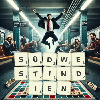 Kreative Illustration für ein Scrabble-Spiel, bei dem das Wort SÜDWESTINDIEN mit Steinen auf dem Brett gelegt wurde.