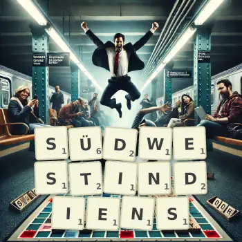 Kreative Illustration für ein Scrabble-Spiel, bei dem das Wort SÜDWESTINDIENS mit Steinen auf dem Brett gelegt wurde.