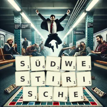Kreative Illustration für ein Scrabble-Spiel, bei dem das Wort SÜDWESTIRISCHE mit Steinen auf dem Brett gelegt wurde.