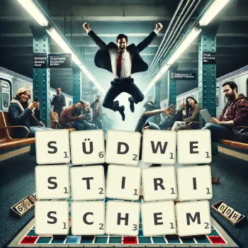 Kreative Illustration für ein Scrabble-Spiel, bei dem das Wort SÜDWESTIRISCHEM mit Steinen auf dem Brett gelegt wurde.