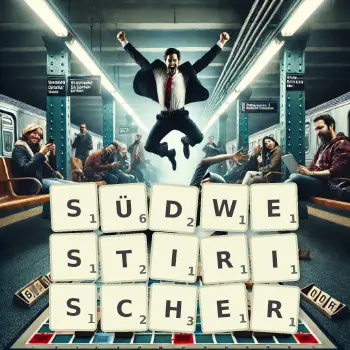 Kreative Illustration für ein Scrabble-Spiel, bei dem das Wort SÜDWESTIRISCHER mit Steinen auf dem Brett gelegt wurde.