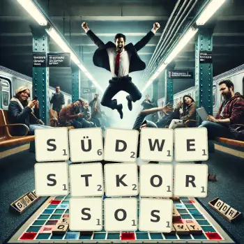 Kreative Illustration für ein Scrabble-Spiel, bei dem das Wort SÜDWESTKORSOS mit Steinen auf dem Brett gelegt wurde.