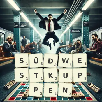 Kreative Illustration für ein Scrabble-Spiel, bei dem das Wort SÜDWESTKUPPEN mit Steinen auf dem Brett gelegt wurde.