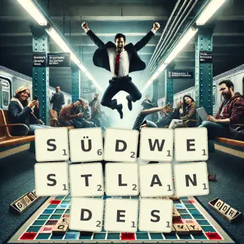Kreative Illustration für ein Scrabble-Spiel, bei dem das Wort SÜDWESTLANDES mit Steinen auf dem Brett gelegt wurde.