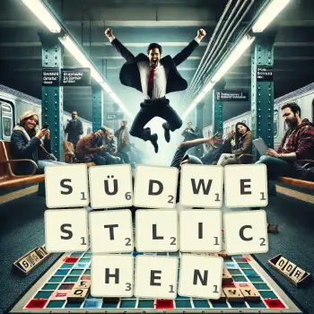 Kreative Illustration für ein Scrabble-Spiel, bei dem das Wort SÜDWESTLICHEN mit Steinen auf dem Brett gelegt wurde.
