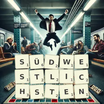 Kreative Illustration für ein Scrabble-Spiel, bei dem das Wort SÜDWESTLICHSTEN mit Steinen auf dem Brett gelegt wurde.
