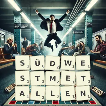 Kreative Illustration für ein Scrabble-Spiel, bei dem das Wort SÜDWESTMETALLEN mit Steinen auf dem Brett gelegt wurde.