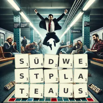 Kreative Illustration für ein Scrabble-Spiel, bei dem das Wort SÜDWESTPLATEAUS mit Steinen auf dem Brett gelegt wurde.