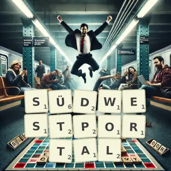 Kreative Illustration für ein Scrabble-Spiel, bei dem das Wort SÜDWESTPORTAL mit Steinen auf dem Brett gelegt wurde.