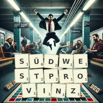 Kreative Illustration für ein Scrabble-Spiel, bei dem das Wort SÜDWESTPROVINZ mit Steinen auf dem Brett gelegt wurde.