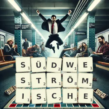 Kreative Illustration für ein Scrabble-Spiel, bei dem das Wort SÜDWESTRÖMISCHE mit Steinen auf dem Brett gelegt wurde.