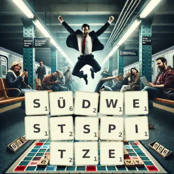 Kreative Illustration für ein Scrabble-Spiel, bei dem das Wort SÜDWESTSPITZE mit Steinen auf dem Brett gelegt wurde.