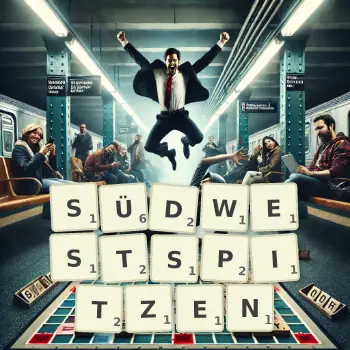 Kreative Illustration für ein Scrabble-Spiel, bei dem das Wort SÜDWESTSPITZEN mit Steinen auf dem Brett gelegt wurde.