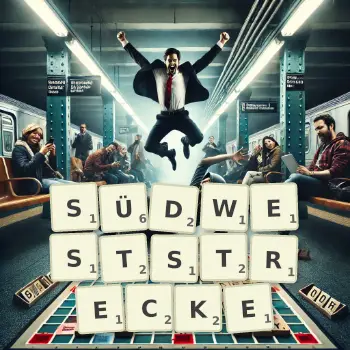 Kreative Illustration für ein Scrabble-Spiel, bei dem das Wort SÜDWESTSTRECKE mit Steinen auf dem Brett gelegt wurde.