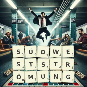 Kreative Illustration für ein Scrabble-Spiel, bei dem das Wort SÜDWESTSTRÖMUNG mit Steinen auf dem Brett gelegt wurde.