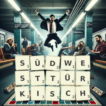 Kreative Illustration für ein Scrabble-Spiel, bei dem das Wort SÜDWESTTÜRKISCH mit Steinen auf dem Brett gelegt wurde.