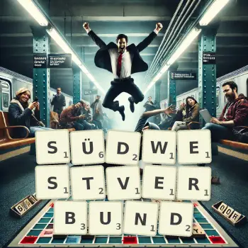 Kreative Illustration für ein Scrabble-Spiel, bei dem das Wort SÜDWESTVERBUND mit Steinen auf dem Brett gelegt wurde.