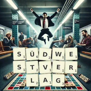 Kreative Illustration für ein Scrabble-Spiel, bei dem das Wort SÜDWESTVERLAG mit Steinen auf dem Brett gelegt wurde.