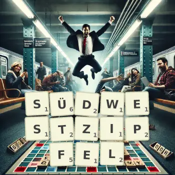 Kreative Illustration für ein Scrabble-Spiel, bei dem das Wort SÜDWESTZIPFEL mit Steinen auf dem Brett gelegt wurde.
