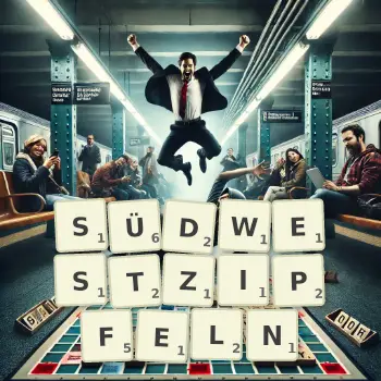 Kreative Illustration für ein Scrabble-Spiel, bei dem das Wort SÜDWESTZIPFELN mit Steinen auf dem Brett gelegt wurde.