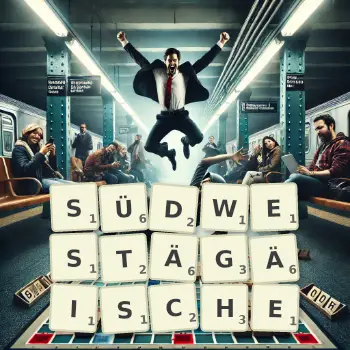 Kreative Illustration für ein Scrabble-Spiel, bei dem das Wort SÜDWESTÄGÄISCHE mit Steinen auf dem Brett gelegt wurde.