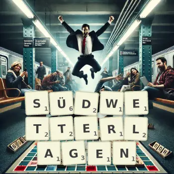 Kreative Illustration für ein Scrabble-Spiel, bei dem das Wort SÜDWETTERLAGEN mit Steinen auf dem Brett gelegt wurde.