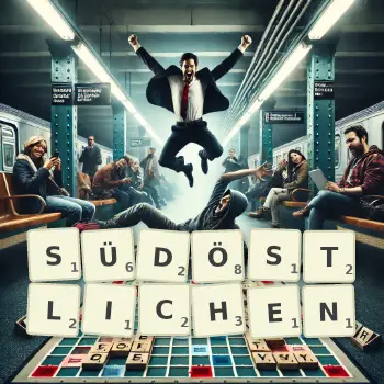 Kreative Illustration für ein Scrabble-Spiel, bei dem das Wort SÜDÖSTLICHEN mit Steinen auf dem Brett gelegt wurde.
