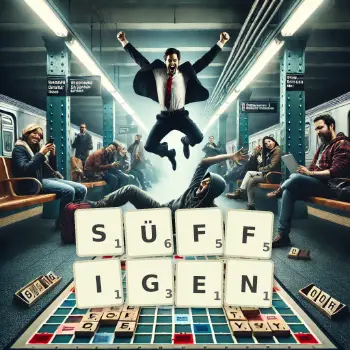 Kreative Illustration für ein Scrabble-Spiel, bei dem das Wort SÜFFIGEN mit Steinen auf dem Brett gelegt wurde.