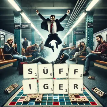 Kreative Illustration für ein Scrabble-Spiel, bei dem das Wort SÜFFIGER mit Steinen auf dem Brett gelegt wurde.