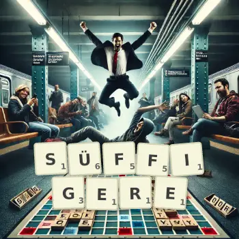 Kreative Illustration für ein Scrabble-Spiel, bei dem das Wort SÜFFIGERE mit Steinen auf dem Brett gelegt wurde.