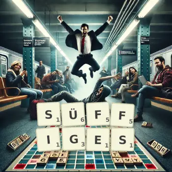 Kreative Illustration für ein Scrabble-Spiel, bei dem das Wort SÜFFIGES mit Steinen auf dem Brett gelegt wurde.