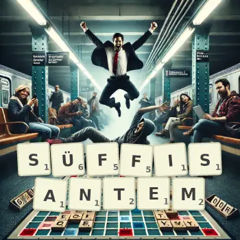 Kreative Illustration für ein Scrabble-Spiel, bei dem das Wort SÜFFISANTEM mit Steinen auf dem Brett gelegt wurde.
