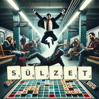 Kreative Illustration für ein Scrabble-Spiel, bei dem das Wort SÜLZET mit Steinen auf dem Brett gelegt wurde.
