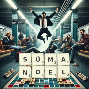 Kreative Illustration für ein Scrabble-Spiel, bei dem das Wort SÜMANDEL mit Steinen auf dem Brett gelegt wurde.