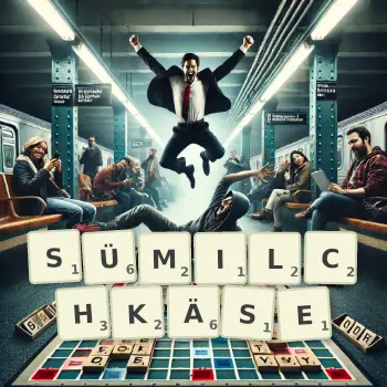 Kreative Illustration für ein Scrabble-Spiel, bei dem das Wort SÜMILCHKÄSE mit Steinen auf dem Brett gelegt wurde.
