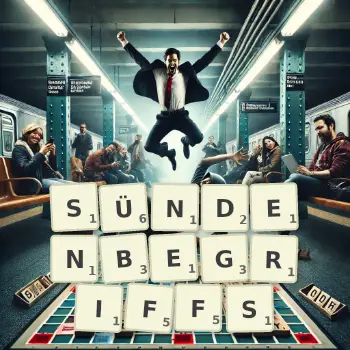 Kreative Illustration für ein Scrabble-Spiel, bei dem das Wort SÜNDENBEGRIFFS mit Steinen auf dem Brett gelegt wurde.