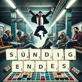 Kreative Illustration für ein Scrabble-Spiel, bei dem das Wort SÜNDIGENDES mit Steinen auf dem Brett gelegt wurde.