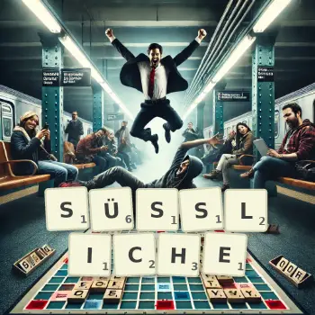 Kreative Illustration für ein Scrabble-Spiel, bei dem das Wort SÜSSLICHE mit Steinen auf dem Brett gelegt wurde.