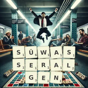 Kreative Illustration für ein Scrabble-Spiel, bei dem das Wort SÜWASSERALGEN mit Steinen auf dem Brett gelegt wurde.