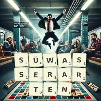 Kreative Illustration für ein Scrabble-Spiel, bei dem das Wort SÜWASSERARTEN mit Steinen auf dem Brett gelegt wurde.