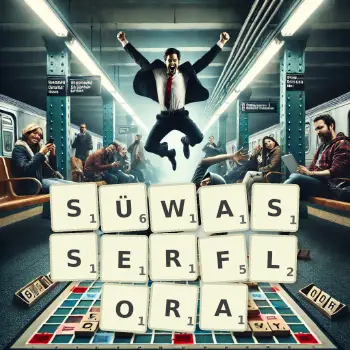 Kreative Illustration für ein Scrabble-Spiel, bei dem das Wort SÜWASSERFLORA mit Steinen auf dem Brett gelegt wurde.