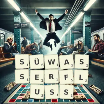 Kreative Illustration für ein Scrabble-Spiel, bei dem das Wort SÜWASSERFLUSS mit Steinen auf dem Brett gelegt wurde.