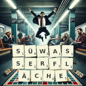 Kreative Illustration für ein Scrabble-Spiel, bei dem das Wort SÜWASSERFLÄCHE mit Steinen auf dem Brett gelegt wurde.