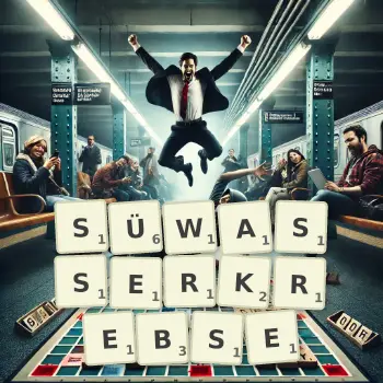 Kreative Illustration für ein Scrabble-Spiel, bei dem das Wort SÜWASSERKREBSE mit Steinen auf dem Brett gelegt wurde.